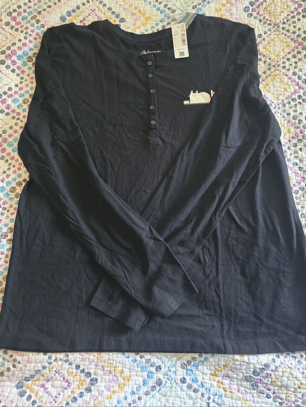 Reitmans cat-themed 100% Cotton Long Sleeve Tee Black